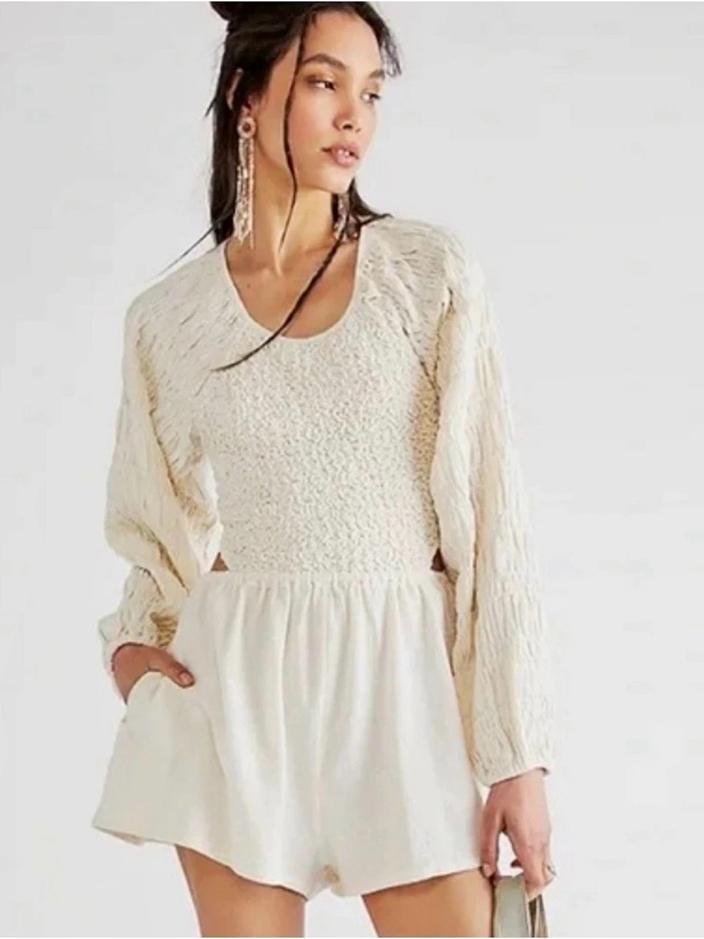 Free People Brandi play suit Romper Open Back Smocked Blouse in cream